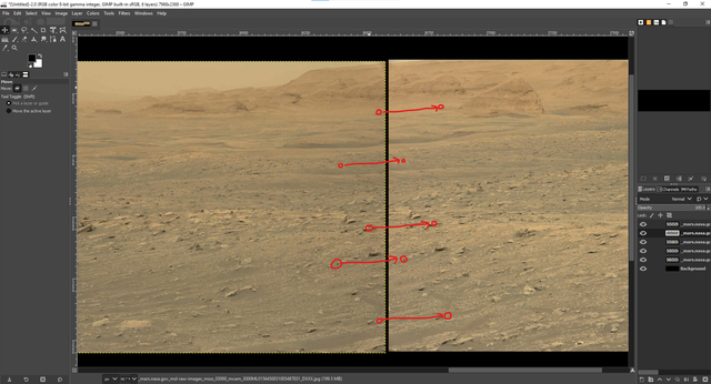 Screenshot showing 5 points used to calculate the transform matrix used to stitch two images together.